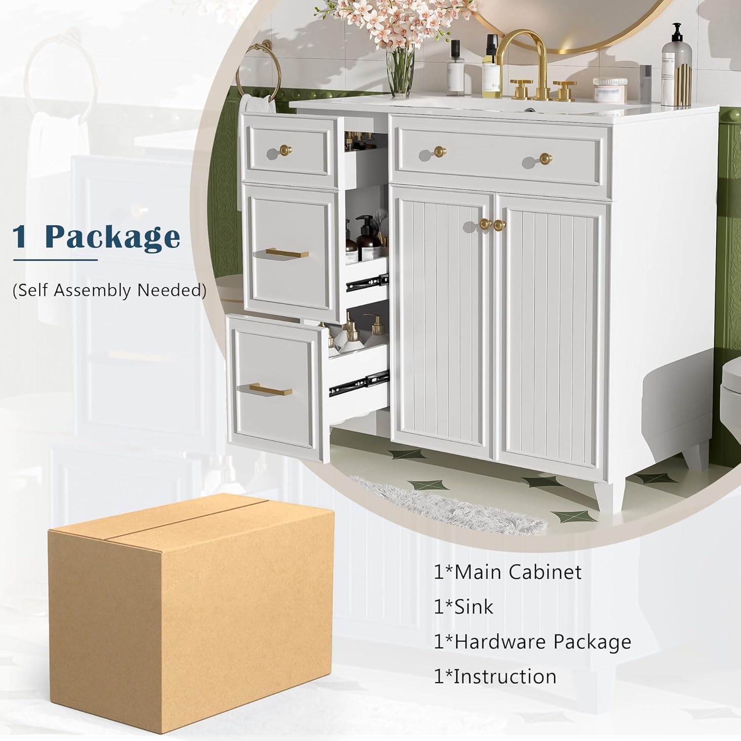 36" Bathroom Vanity with Sink Modern Vanity with 2 Soft Close Doors 3 Drawers Adjustable Shelves Undermount Basin Vanity with Storage (White)