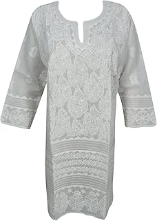 Mogul Interior Woman's Long Tunic Dress Embroidered Snowflakes White Cotton Kurta M