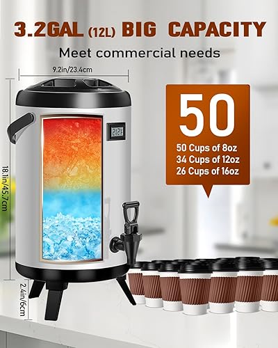 Miniatura 4 de Dispensador de bebidas aislado de 3.2 galones  Dispensador de bebidas de acero inoxidable 304 con termómetro y notas adhesivas para agua caliente y