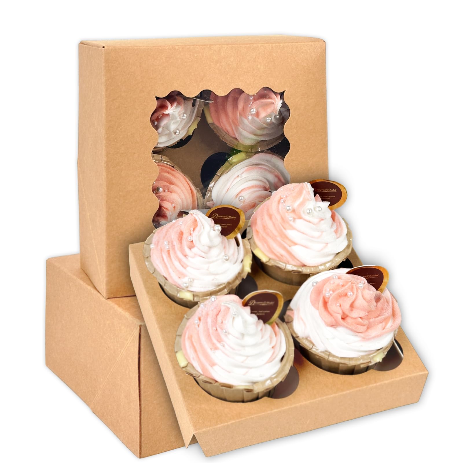 Gcardist Brown Automatic Popup 4 Cupcake Boxes with Window, Pack of 12, 16 x 16 x 7.6 cm Bakery Boxes for Cupcake Carrier
