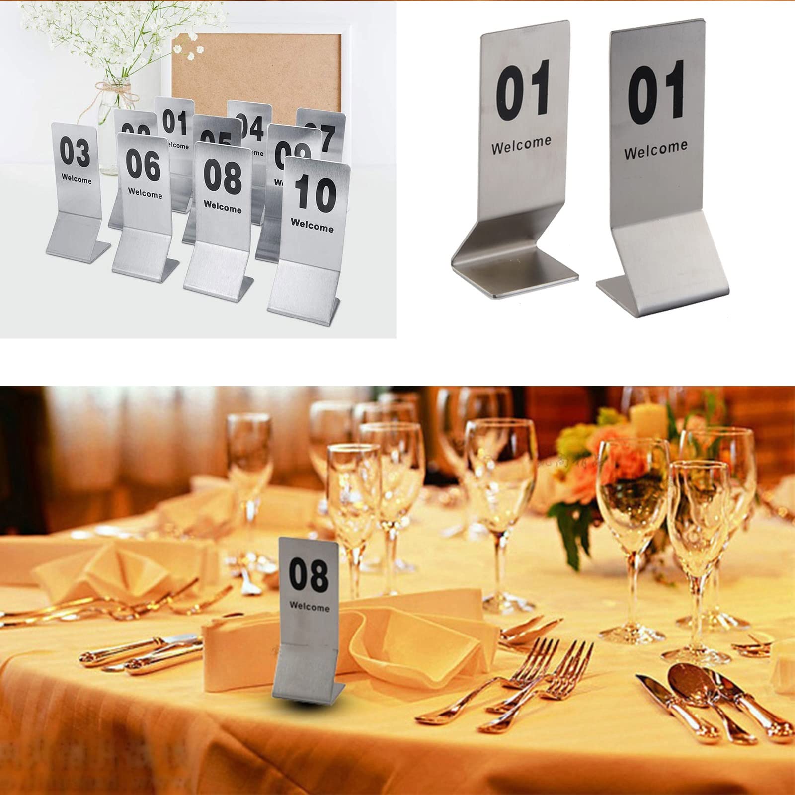 Tischnummernkarten 1-25 1-50 Edelstahl Restaurant Hochzeiten Tischnummern Tischschilder, robust, nicht leicht zu beschädigen, zyklisch verwendet, Metall-Tischkartenhalter für Tischdekoration (1-