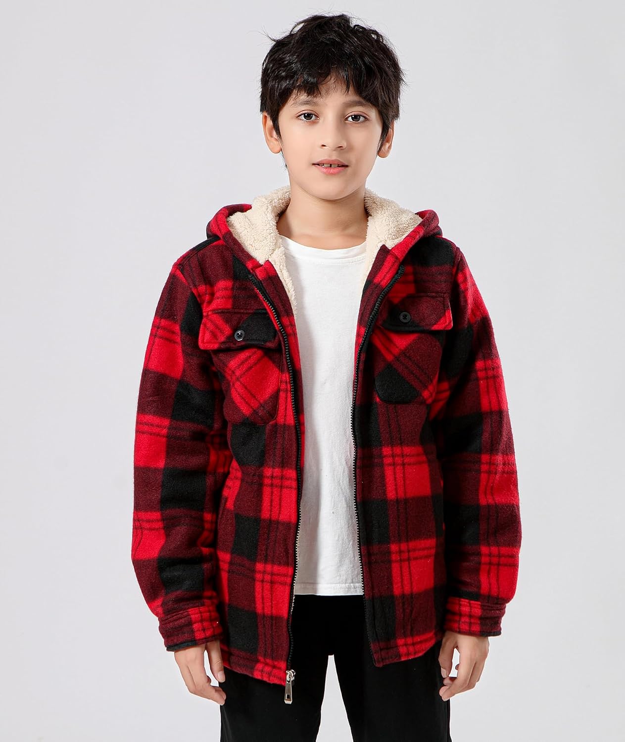 Boys Fleece Jacket with Hood Unisex Child Sherpa Lined Zip Up Warm Coat Hooded Sweatshirt Outerwear