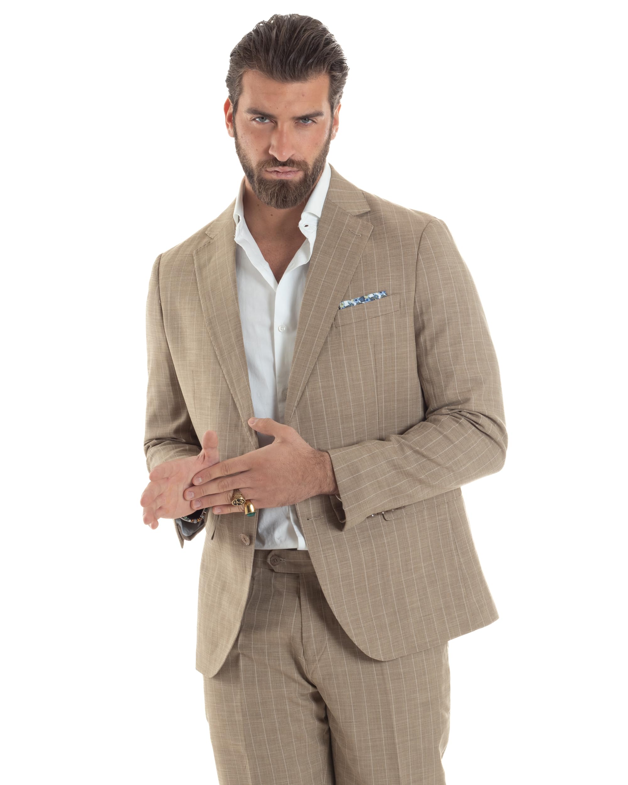 Abito Uomo Monopetto Vestito Gessato Giacca con Pochette Pantaloni Completo Elegante Vari Colori
