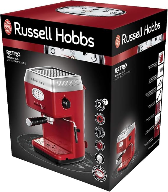 Russell Hobbs 28250-56 Espresso Coffee Machine, Retro Red Strainer, 15 Bar, 2 Cup Heads, 1.1 L Removable Water Tank, Steam Milk Foam, Portion Spoon, Red