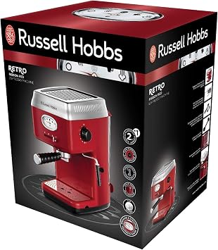 Russell Hobbs 28250-56 Espresso Coffee Machine, Retro Red Strainer, 15 Bar, 2 Cup Heads, 1.1 L Removable Water Tank, Steam Milk Foam, Portion Spoon, Red
