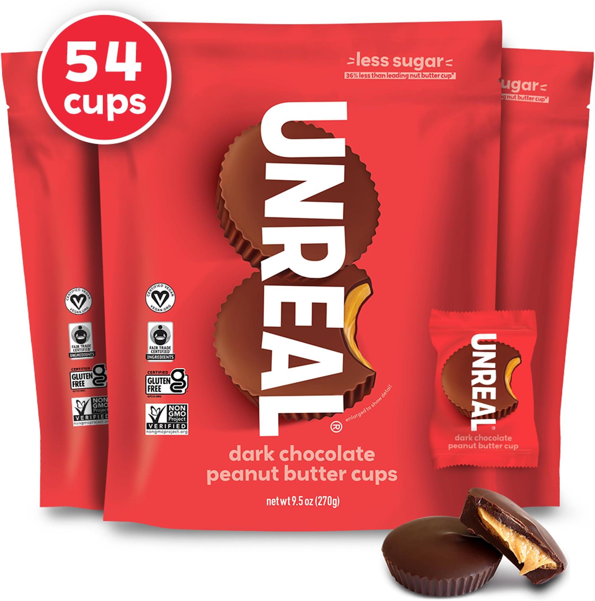 UNREAL Dark Chocolate Peanut Butter Cups (3 Value Size Bags) | Vegan, 5g Sugar | Gluten Free, Fair Trade, Non-GMO | 9.5oz each