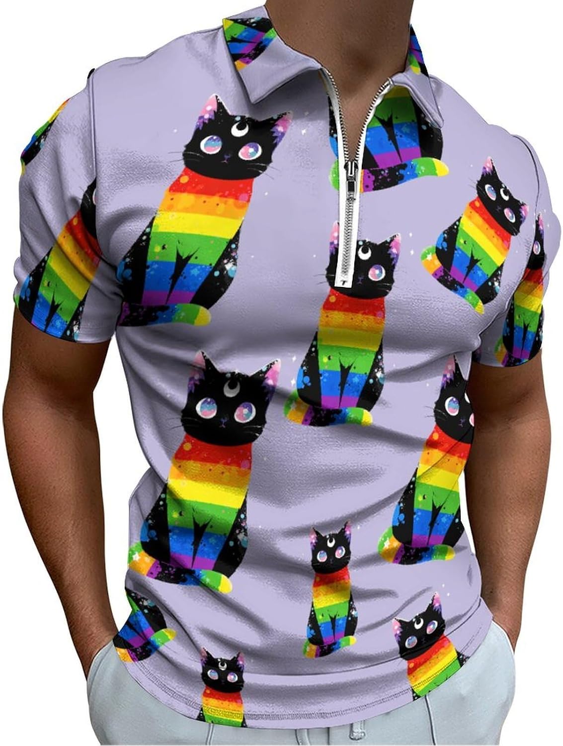 LGBT Cat Moon Phases Polo Shirts for Men Short Sleeve Athletic Golf Tees Tops
