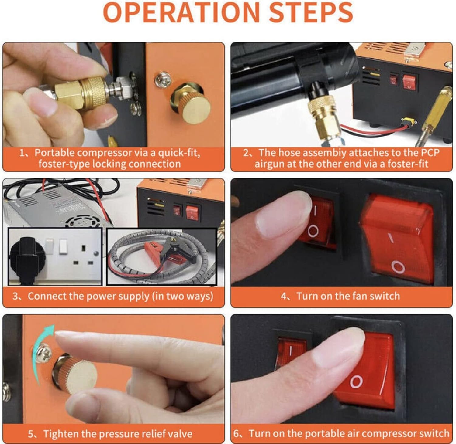 Six-panel image showing operation steps: 1. Connecting quick-fit, 2. Attaching hose to airgun, 3. Connecting power supply, 4. Turning on fan switch, 5. Tightening pressure relief valve, 6. Turning on compressor switch.