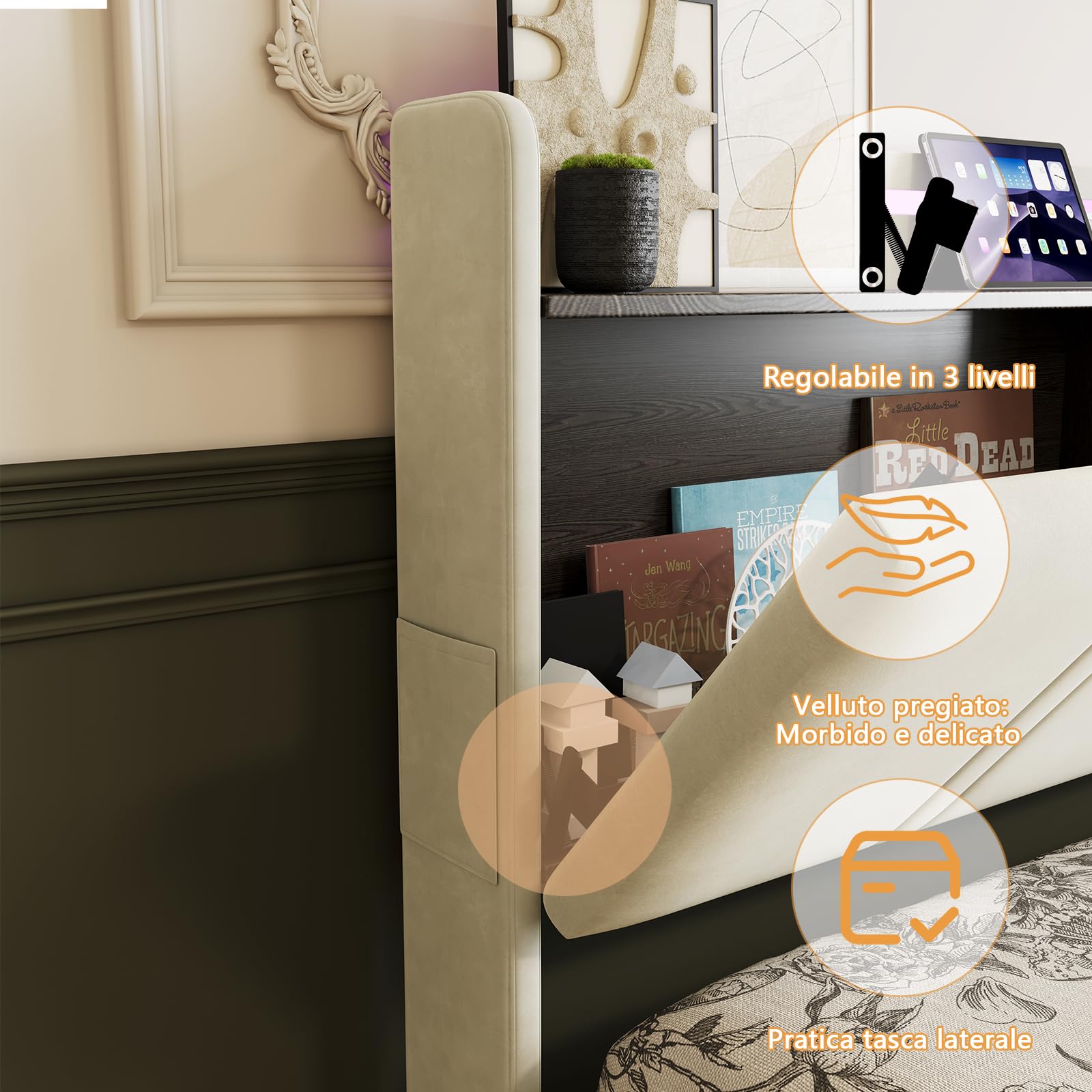 Letto con 4 Cassetti 140x200 cm, Velluto Beige con LED & TYPE-C, Testiera con 1 Ripiano, Salvaspazio, Struttura Letto con Doghe, Senza Materasso