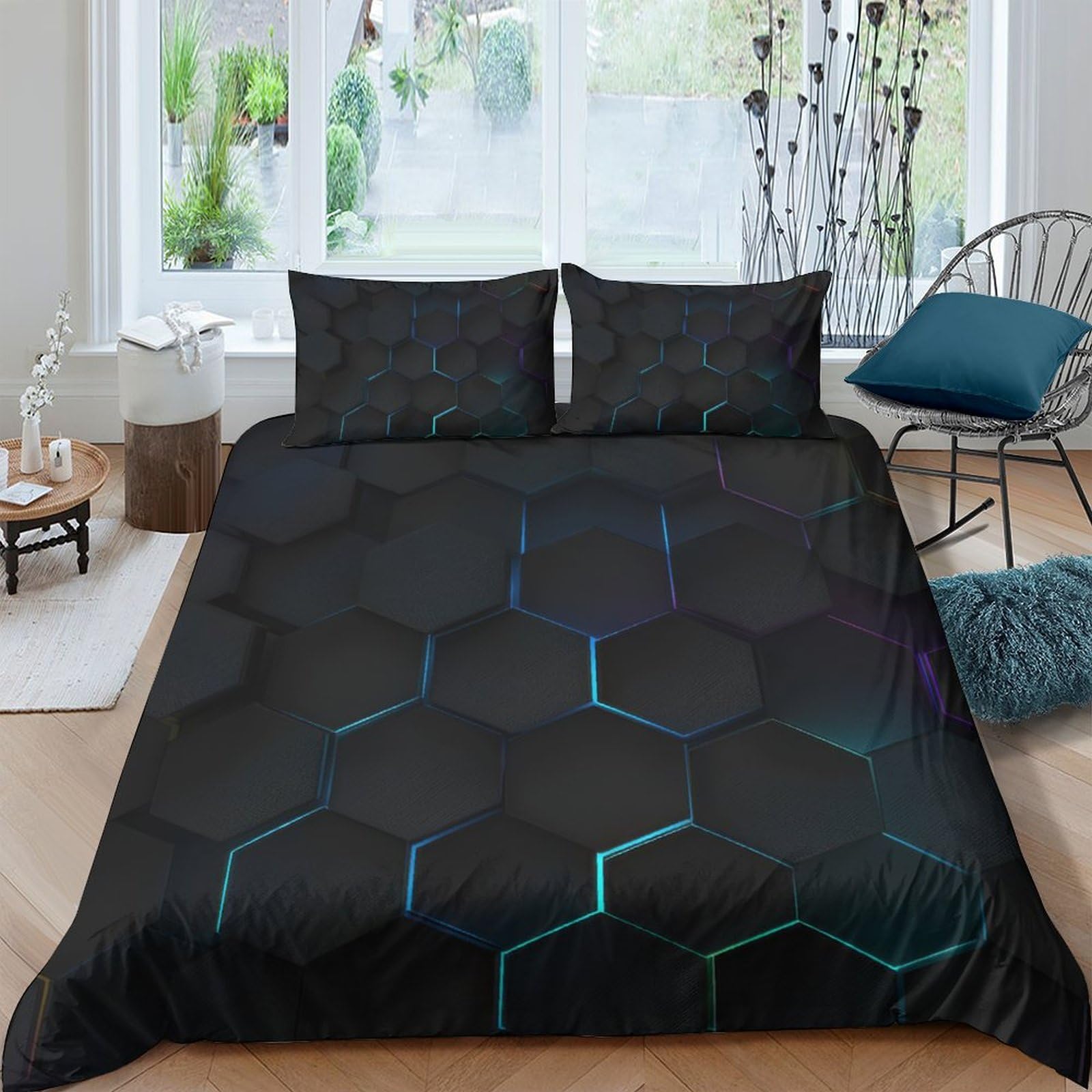 Ctjqhvkz Style-4 3D Printed Hexagon Pattern Fitted Sheet Microfiber Bed Cover Black Geometric Mattress Protector For Home Guestroom Decor Single（135X200cm）