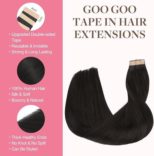 Close-up of the 1B Natural Black tape-in hair extensions showing the seamless tape attachment.