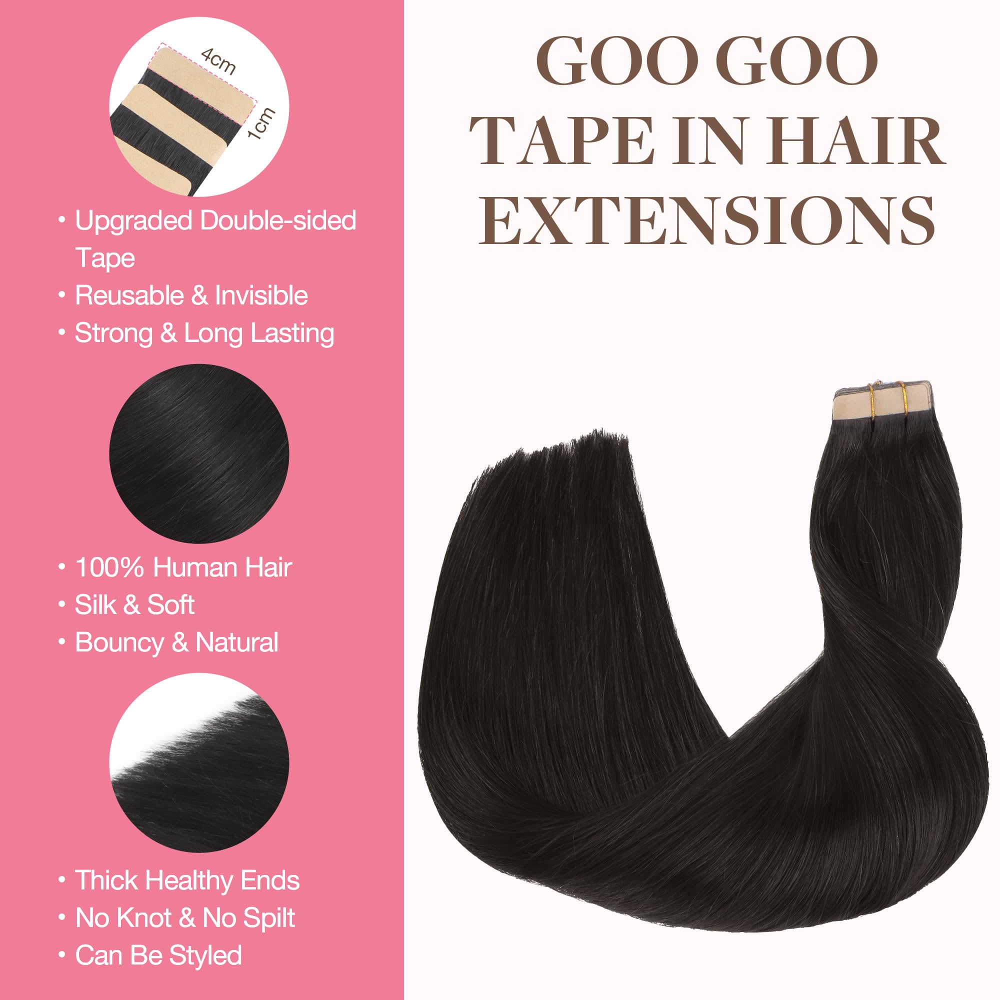 GOO GOO Tape in Hair Extensions human hair, tape Hair Extensions, 20inch 50g 20pcs, Human Hair Extensions, 1B Natural Black - 2