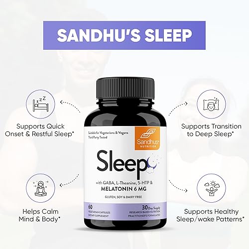 Miniatura 5 de Sandhu's Sleep 60 Cápsulas  Suplemento de ayuda para dormir 5 en 1 que no forma hábito con melatonina, magnesio, GABA, L-teanina y 5-HTP