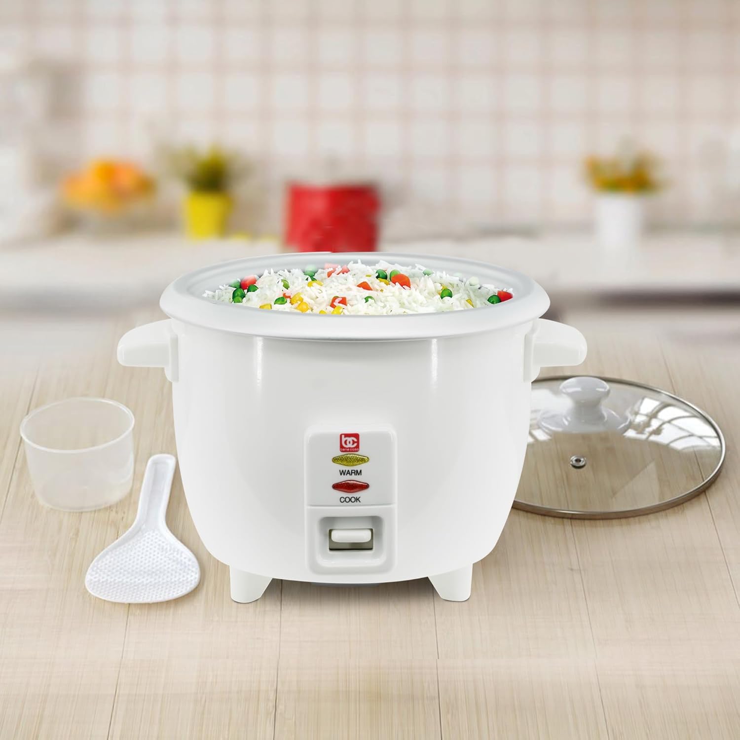Bene Casa White Rice Cooker, 3 Cup (uncooked)/ 6 cup (cooked) Arrocera Blanca Electrica, 3 Medidas sin Cocinar, 6 Medidas Cocinada.
