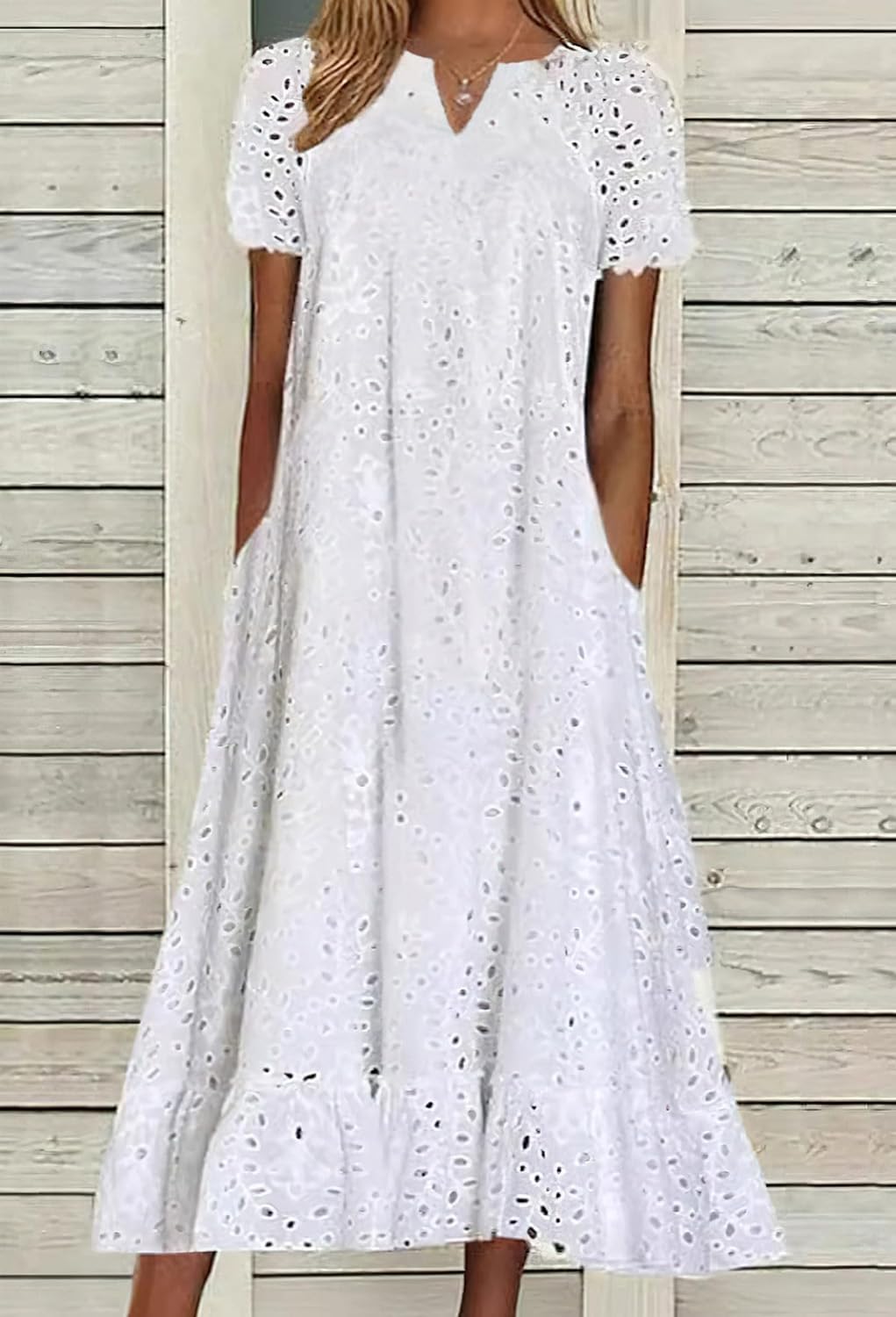 Ru Sweet Women Summer Ruffle Hem Floral Lace Eyelet Dress Casual Notch Neck Midi Tunic Dress with Pocket - Image 2