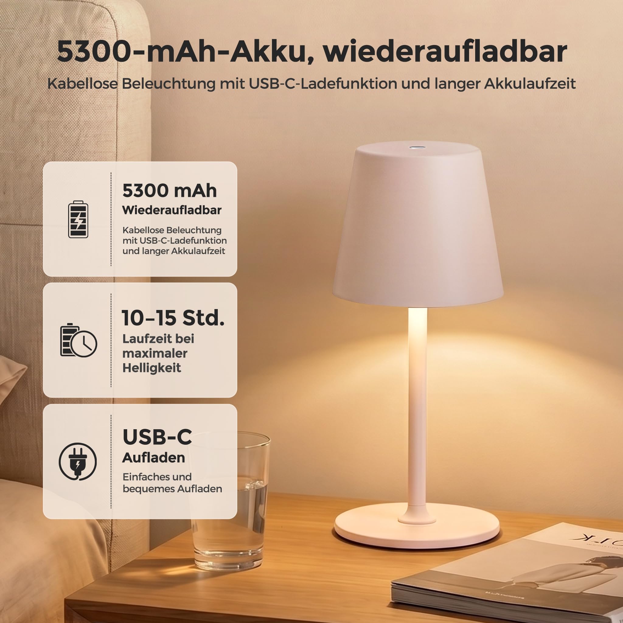 LED Tischlampe Kabellos 2er Set, Tischleuchte für Outdoor Indoor | Akku Nachttischlampe Touch, Stilllicht, 3 Farbmodi & Stufenlos Touchdimmbar, 2 Höhen, Vollmetall, IP54, 5300 mAh, Rosa-Beige