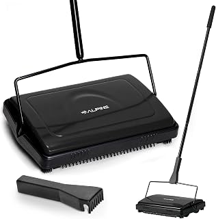 Alpine Manual Carpet Sweeper Triple Brush – Cordless Non Electric Multi-Surface Floor Brush Hardwood Floor Cleaner Easy Sweeping for Carpeted Floors (Improved Black)