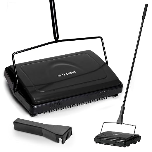 Alpine Manual Carpet Sweeper Triple Brush – Cordless Non Electric Multi-Surface Floor Brush Hardwood Floor Cleaner Easy Sweeping for Carpeted Floors (Improved Black)