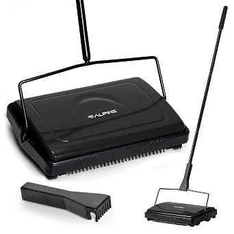 Alpine Manual Carpet Sweeper Triple Brush Cordless Non Electric Multi-Surface Floor Brush Hardwood Floor Cleaner Easy Sweeping for Carpeted Floors Improved Black