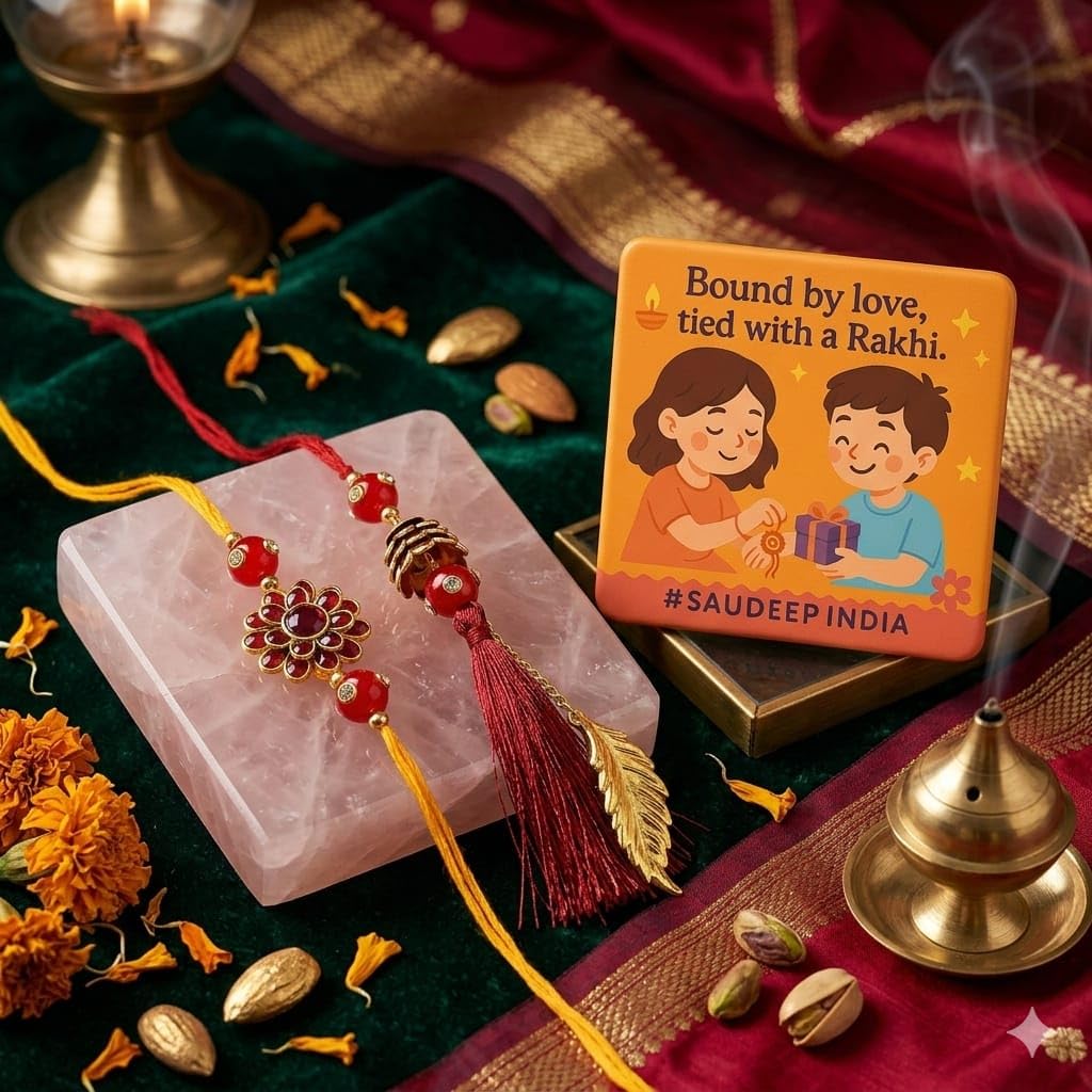 SAUDEEP INDIA Decorative Fridge Magnet for Refrigerator Decor | Lumba Rakhi Set for Bhaiya Bhabhi | Raksha Bandhan Gift Combo | Cotton Thread Couple Rakhi Festive Gift Home Decor(Red Feather)