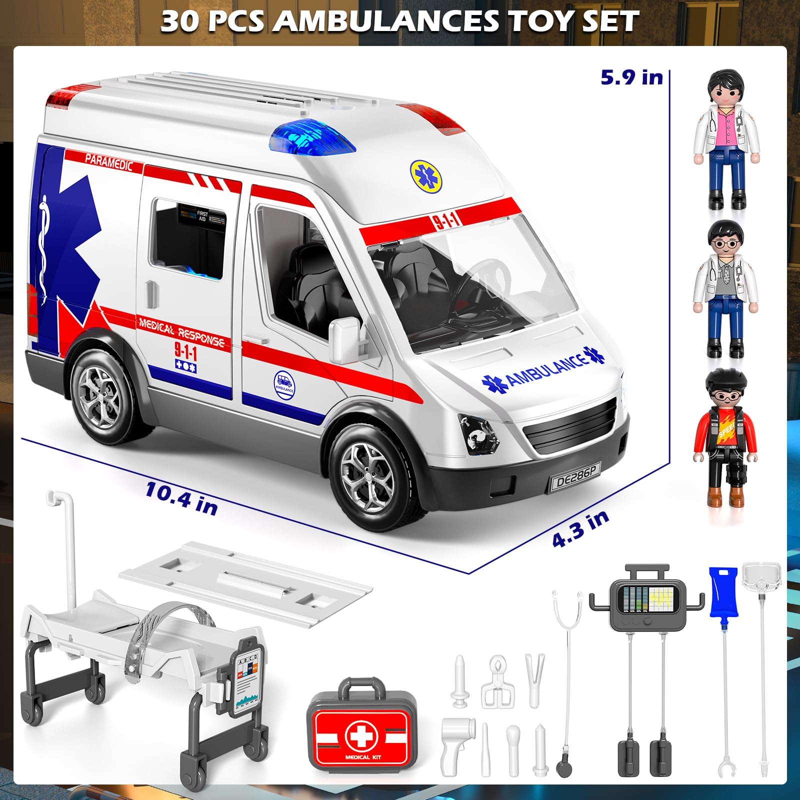 Doloowee Juguete de ambulancia para niños de 3, 4, 5, 6, 7, 8 años, camión de fricción con luz y sonido, vehículos de emergencia para niños y niñas, regalos para niños y niñas de 3 a 12 años