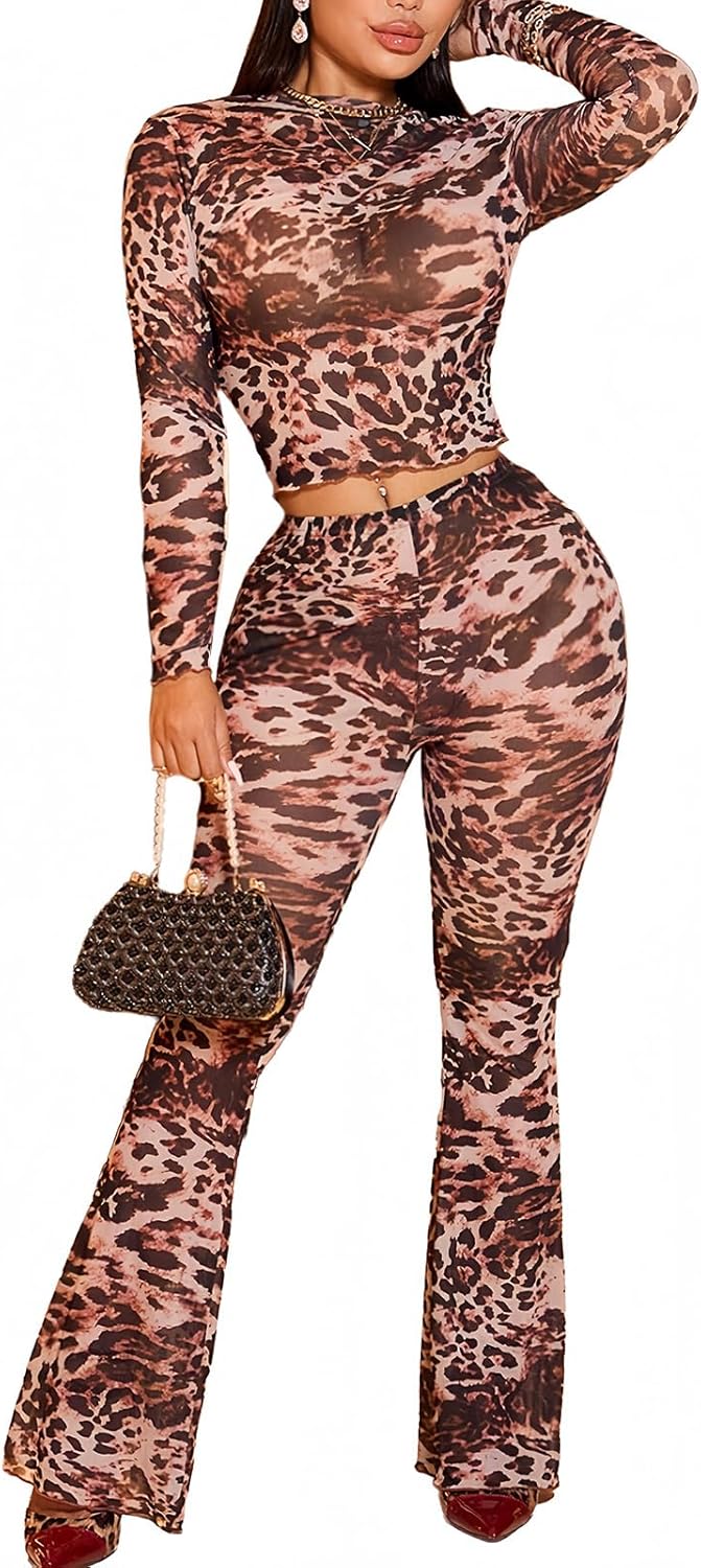 Ophestin Sexy Two Piece Club Outfits for Women Print Mesh See Through Long Sleeve Top Flared Bodycon Pants Set