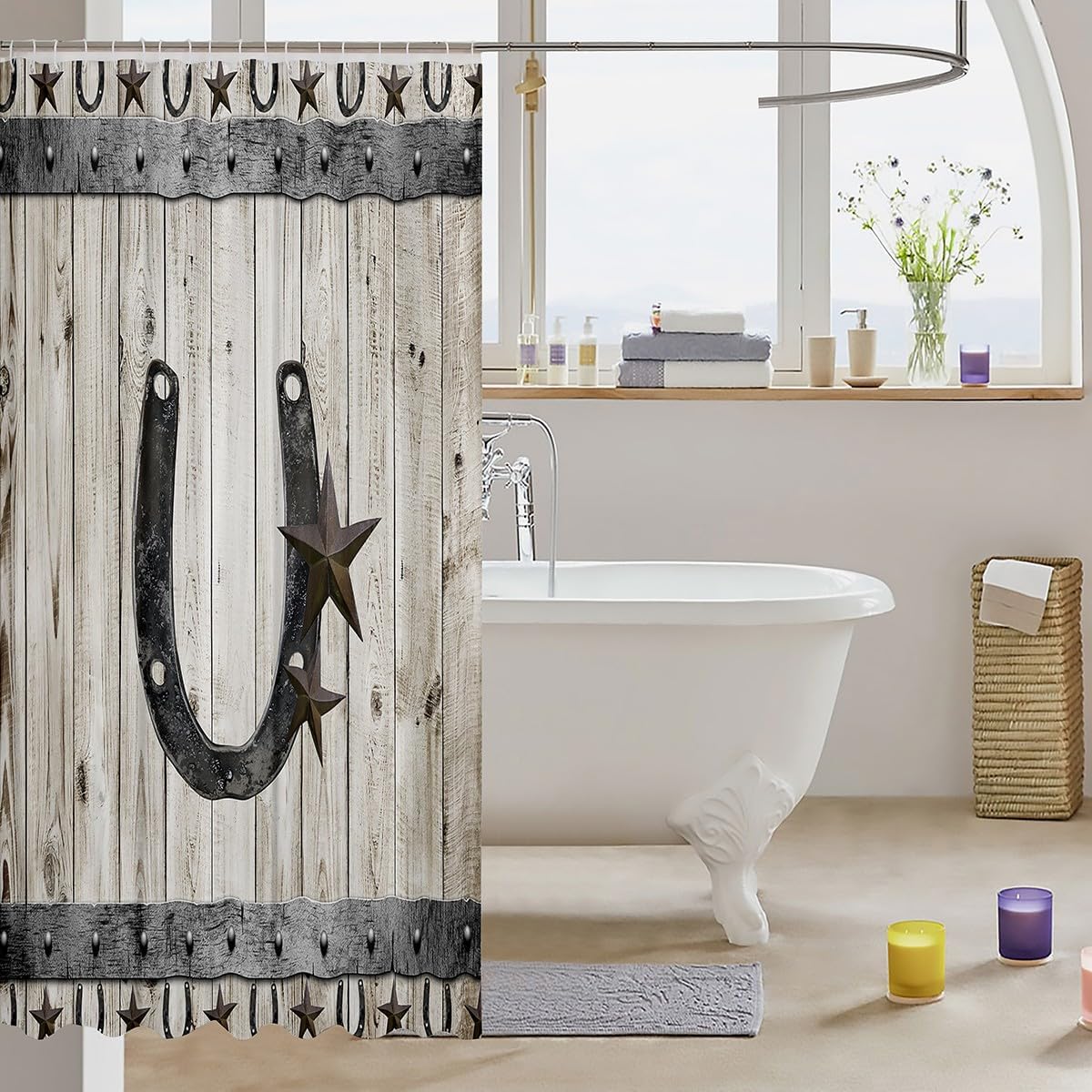 Feelyou Texas Star Bath Curtain for Girls Boys Cowboy Horseshoe Bathroom Shower Curtain Set Rustic Wood Grain Decorative Bath Curtain Cabin Lodge Kids Bathroom Accessories 72"x84"