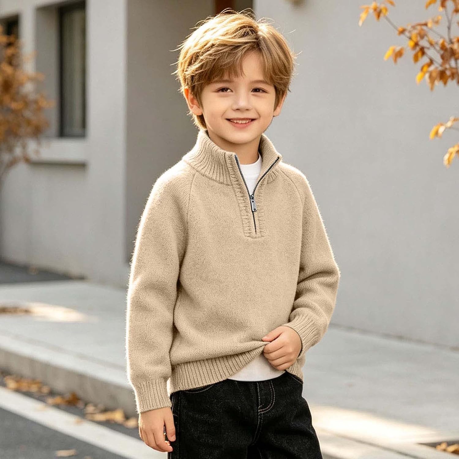Boys Quarter Zip Long Sleeve Crew Neck Pullover Sweater