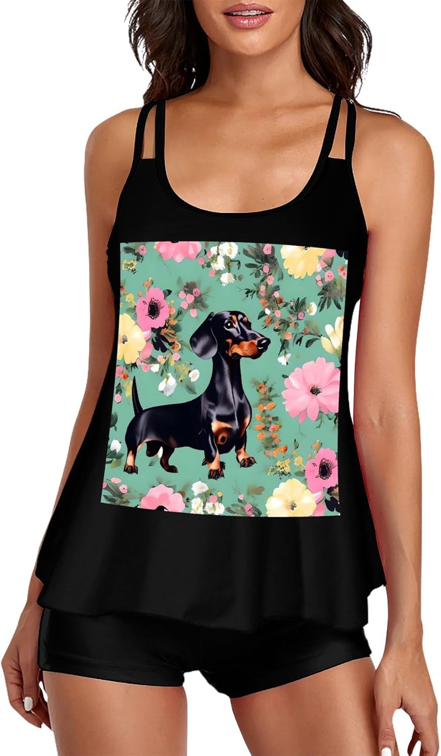 Dachshund Florals Tankini Swimsuits for Women Tummy Control Two Piece Bathing Suits Swim Tops with Boy Shorts