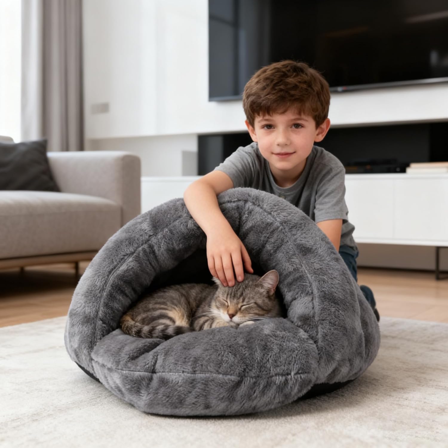 PETCUTE Warm Cat Cave Beds for Indoor Cats, Super Soft Cat Beds with Hooded Cover, Short Plush Covered Sleeping Cozy Pet Bed for Puppies and Cats,Cat House with Removable Washable Cushion