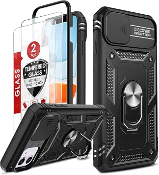 LeYi for iPhone 11 Case and 2 Tempered Glass Screen Protector with Slide Camera Cover,Ring Holder St Body Protective Heavy Duty Shockproof Silicone Bumper Tough Hard Armour Phone Cover, Black