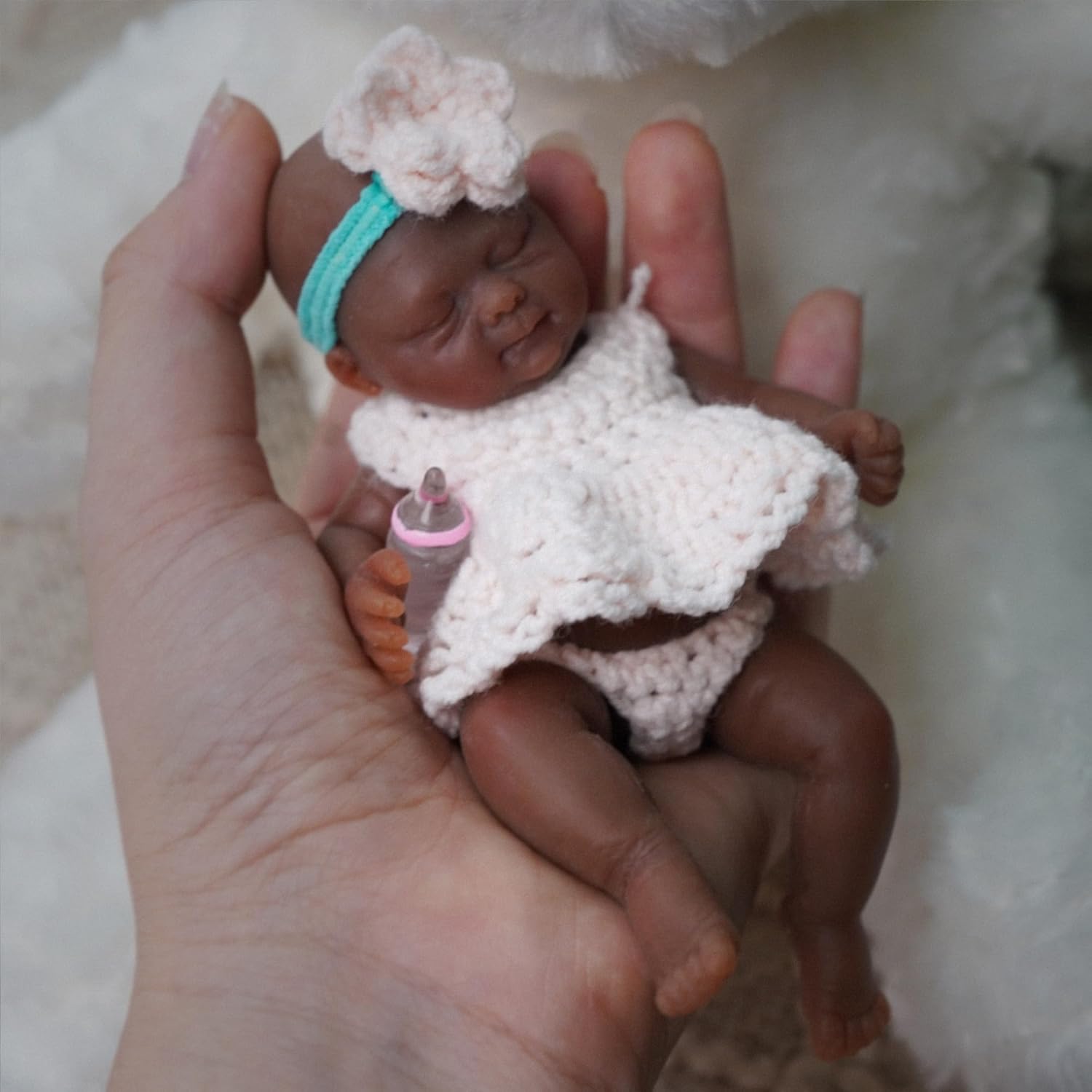 Newtotlove 4.5 Inch Mini Black Baby Girl Reborn Doll with Feeding Accessories Set