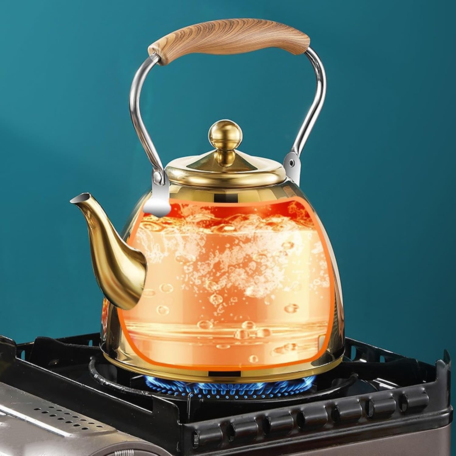 Gold Tea Kettle Stovetop with Infuser, 1.1-Quart Small Cute Tea Pot, 304 Stainless Steel Teapot with Ergonomic Wood Pattern Folding Handle for All Stovetops(1L)