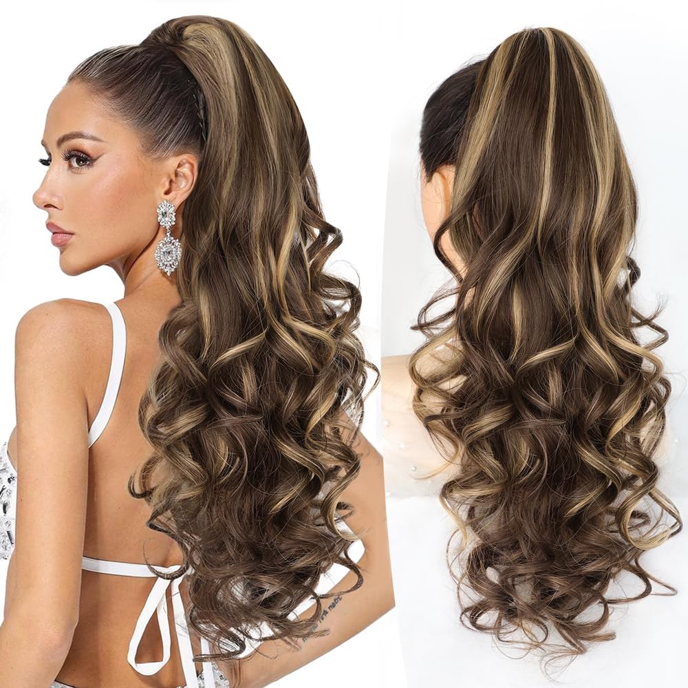 ALXNAN Ponytail Extension,Claw Clip in Long Curly Wavy Chocolate Brown with Highlights Ponytail Hair Extension Jaw Clip on Pony Tails Hairpiece for Women