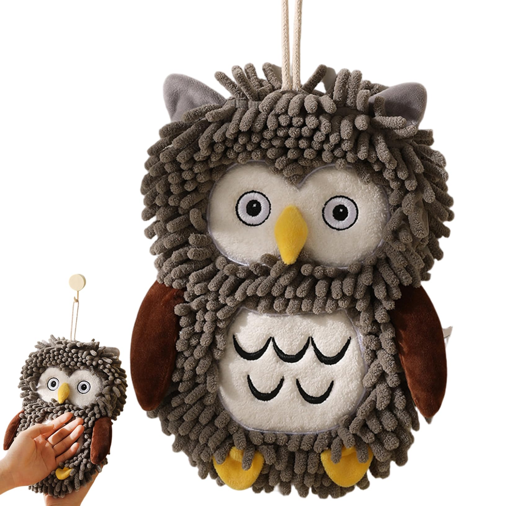 Xoeryoy Chenille Hand Towel Cute Owl Shape Hand Towels Absorbent Fast-Drying Kitchen Towels with Lanyard for Kitchen Bathroom 8.7x11 Inch