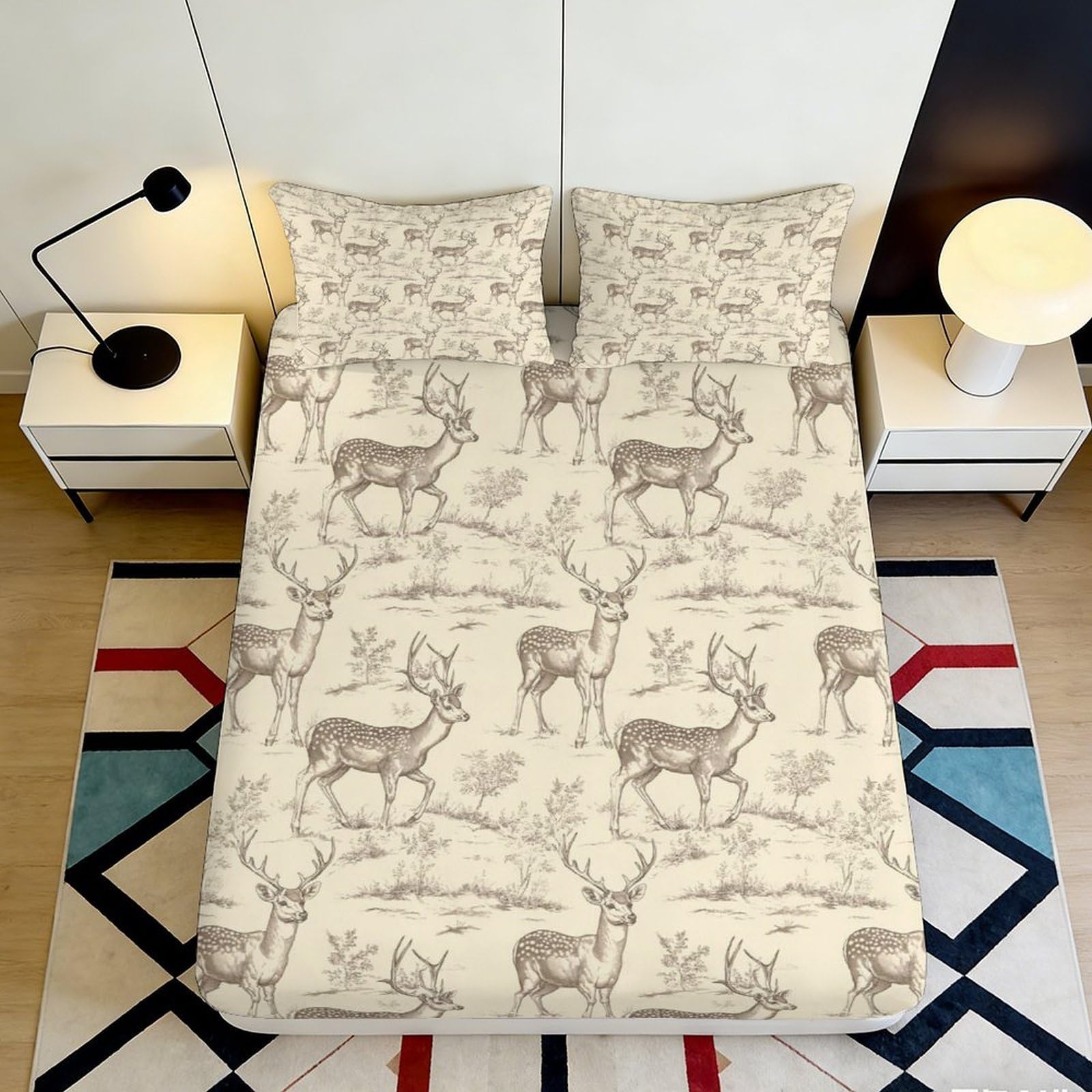 3D Printed Forest Deer Fitted Sheet Microfiber Beige Woodland Stag Mattress Cover for Bedroom Guest Room Home Decor 200x200x25cm