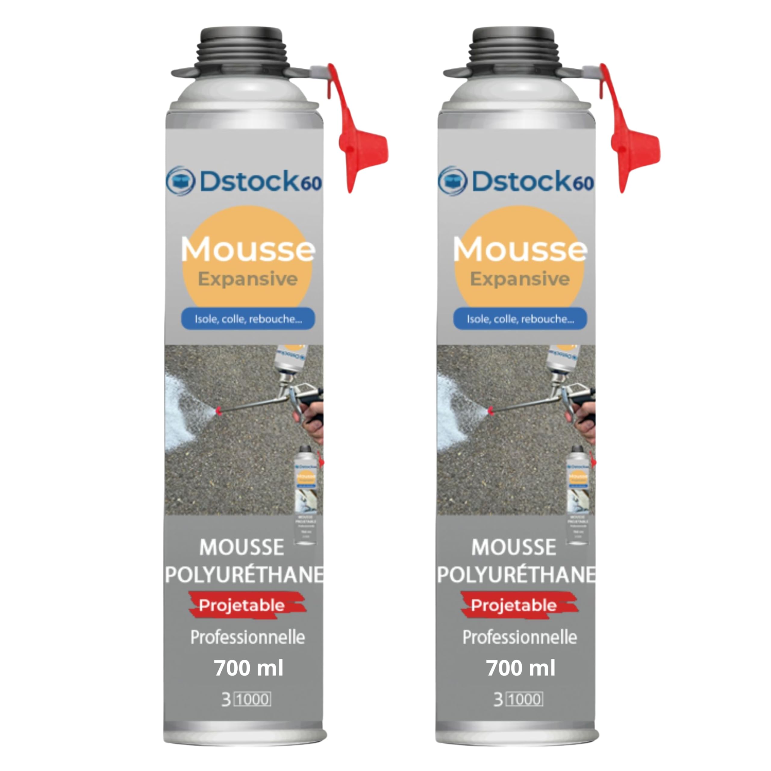 DSTOCK60 – Lot de 2 - mousse expansive polyuréthane projetable – 700 ml – avec applicateur - compatible multi-surfaces - application facile et rapide