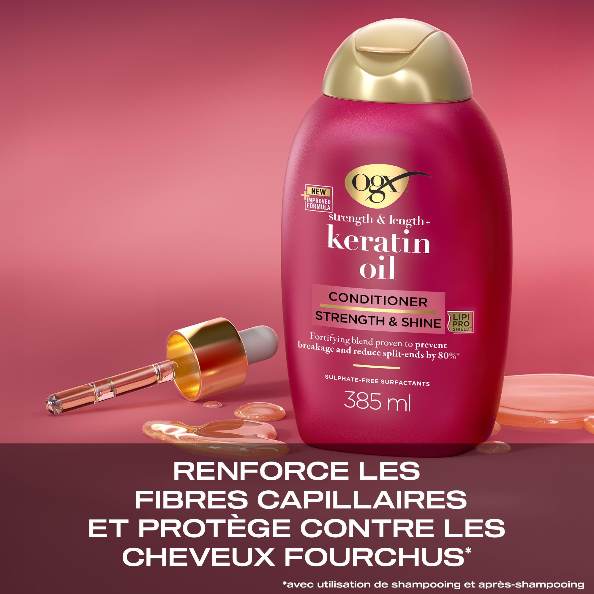 OGX, Après-Shampooing Keratin Oil (flacon de 385 ml) – Soin capillaire fortifiant pour cheveux cassants – Après-shampooing revitalisant à l'huile de kératine