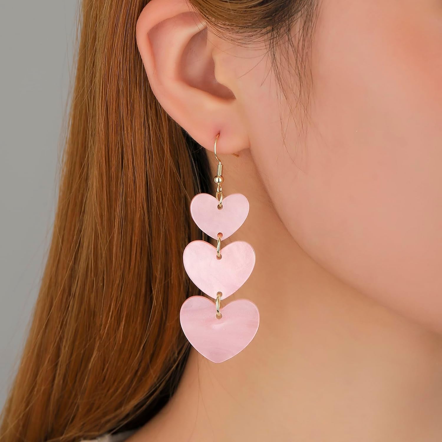 Marbled Pearlescent Pink Heart Dangle Earrings for Women, Hypoallergenic Acrylic Tiered Heart Statement Drop Earrings Minimalist Everyday Jewelry Gift for Valentines Mothers Day Christmas - Image 2