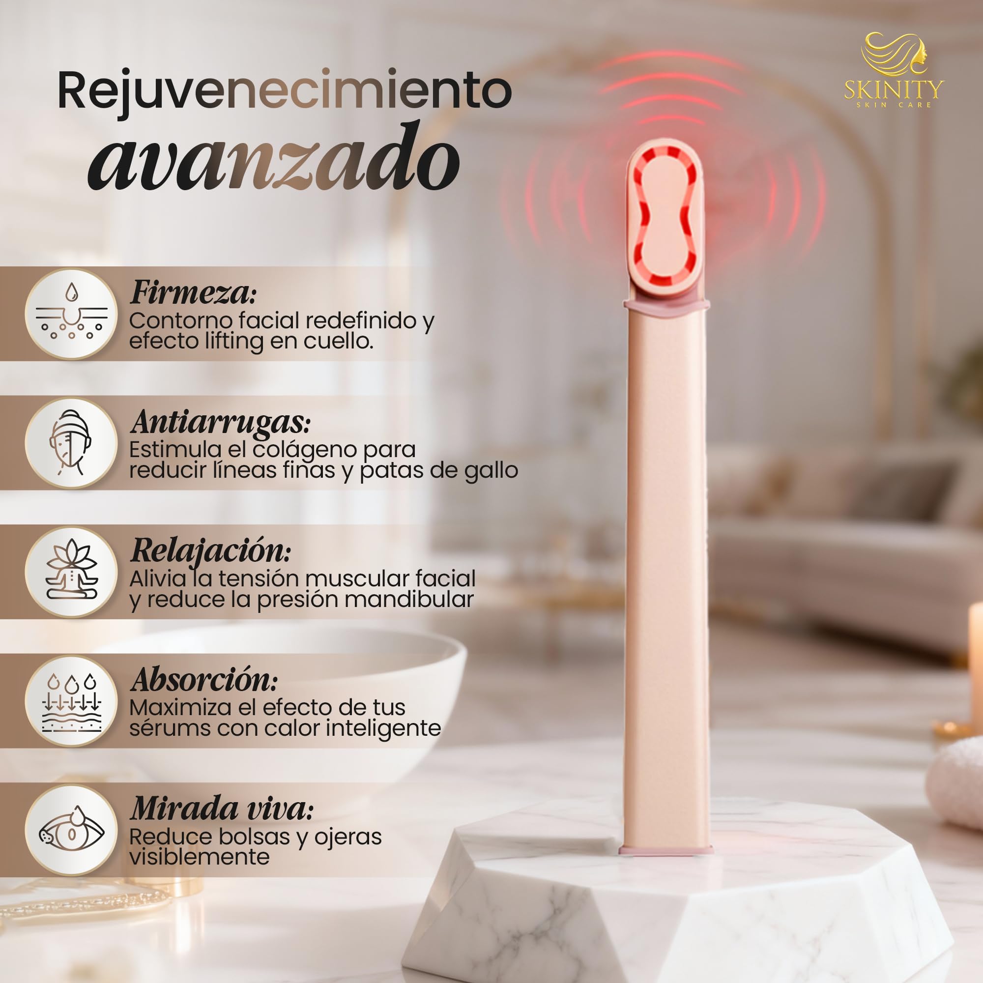 Masajeador Facial Reafirmante con Luz LED y Vibración Tensora | Cara Cuello y Mentón | 8 Posiciones | Calor Suave | Set + Antifaz Frío Calor Contorno Ojos y Mirada | Piel Sensible