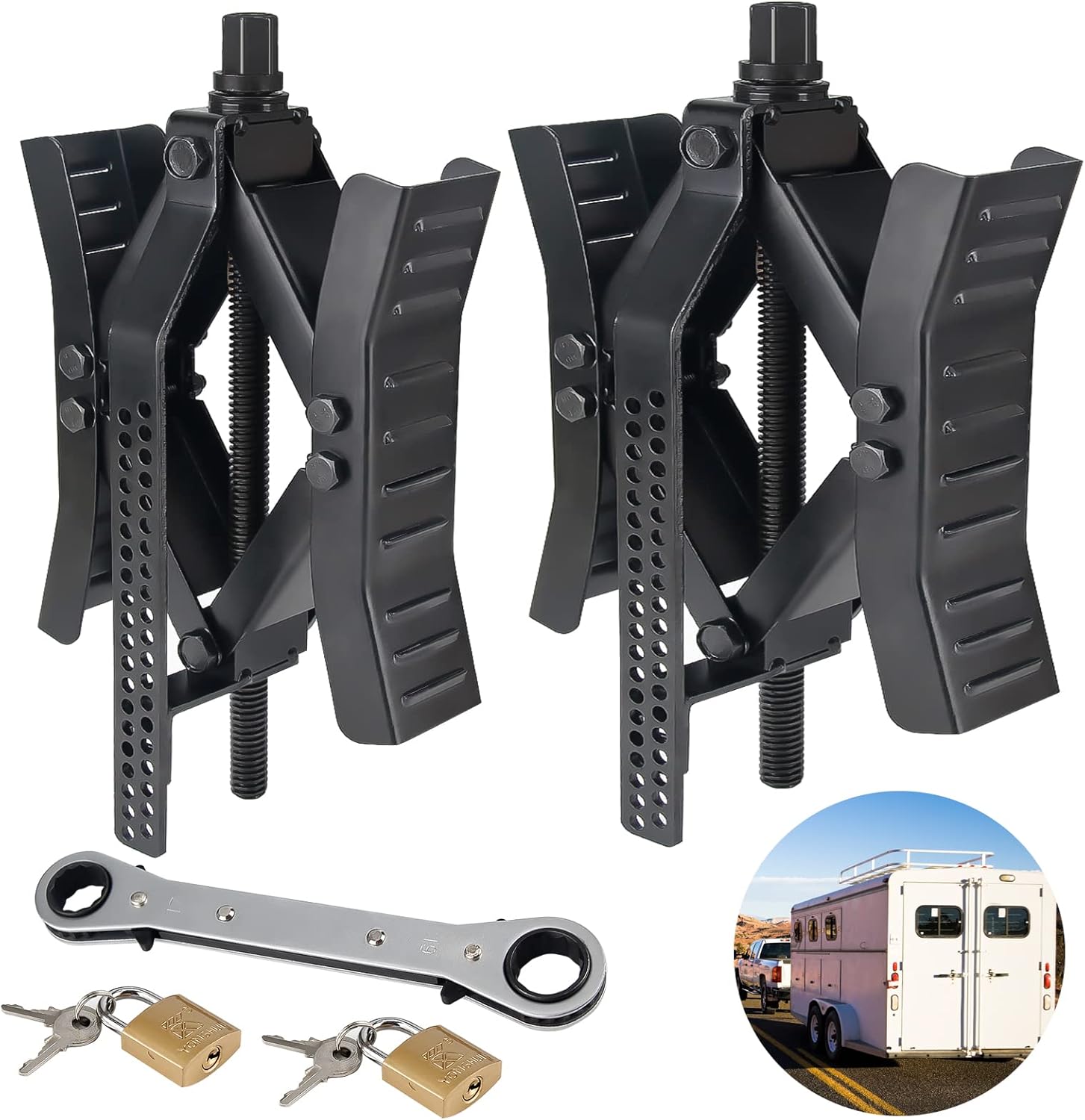 GOLDPAR RV Wheel Chock Stabilizer, Heavy Duty Wheel Chocks for Travel Trailers with Ratchet and Locks, Stabilizes Truck by Securing Tandem Tires to Prevent Movement, Spaced 3-10" Apart, 2Pack, Black