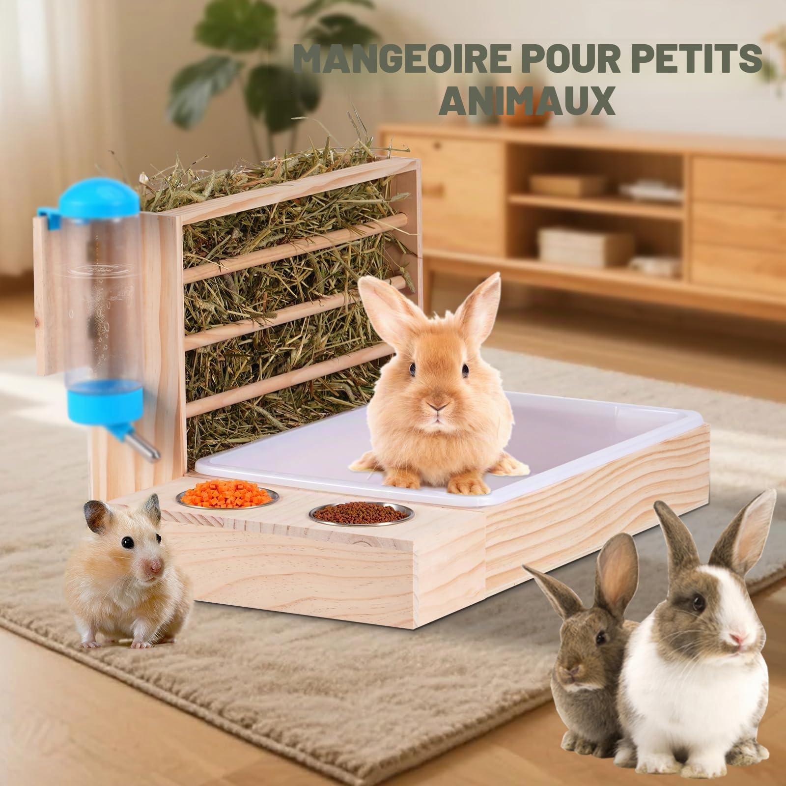 Grande mangeoire à Foin 4 en 1 pour Lapin avec bac à litière en Bois Automatique en Bois avec 2 Bols pour Lapins, cochons d'Inde, Chinchilla et Autres Petits Animaux