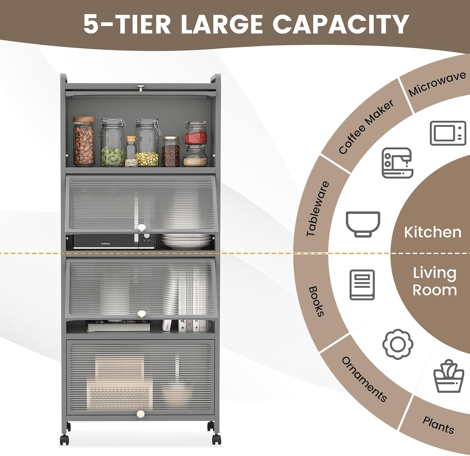 LOKO 5-Tier Kitchen Storage Cabinet,Freestanding Baker’s Rack with 4 Rolling Casters, Mobile Microwave Stand with Double Anti-toppling Device, for Dining Room, Living Room and Study (Grey, 60.5" H)