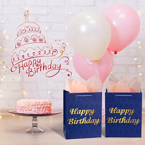Miniatura 6 de Bolsas de regalo de cumpleaños medianas de 9 pulgadas con papel de seda y tarjetas, paquete de 4 bolsas de regalo azules con asas para fiesta de