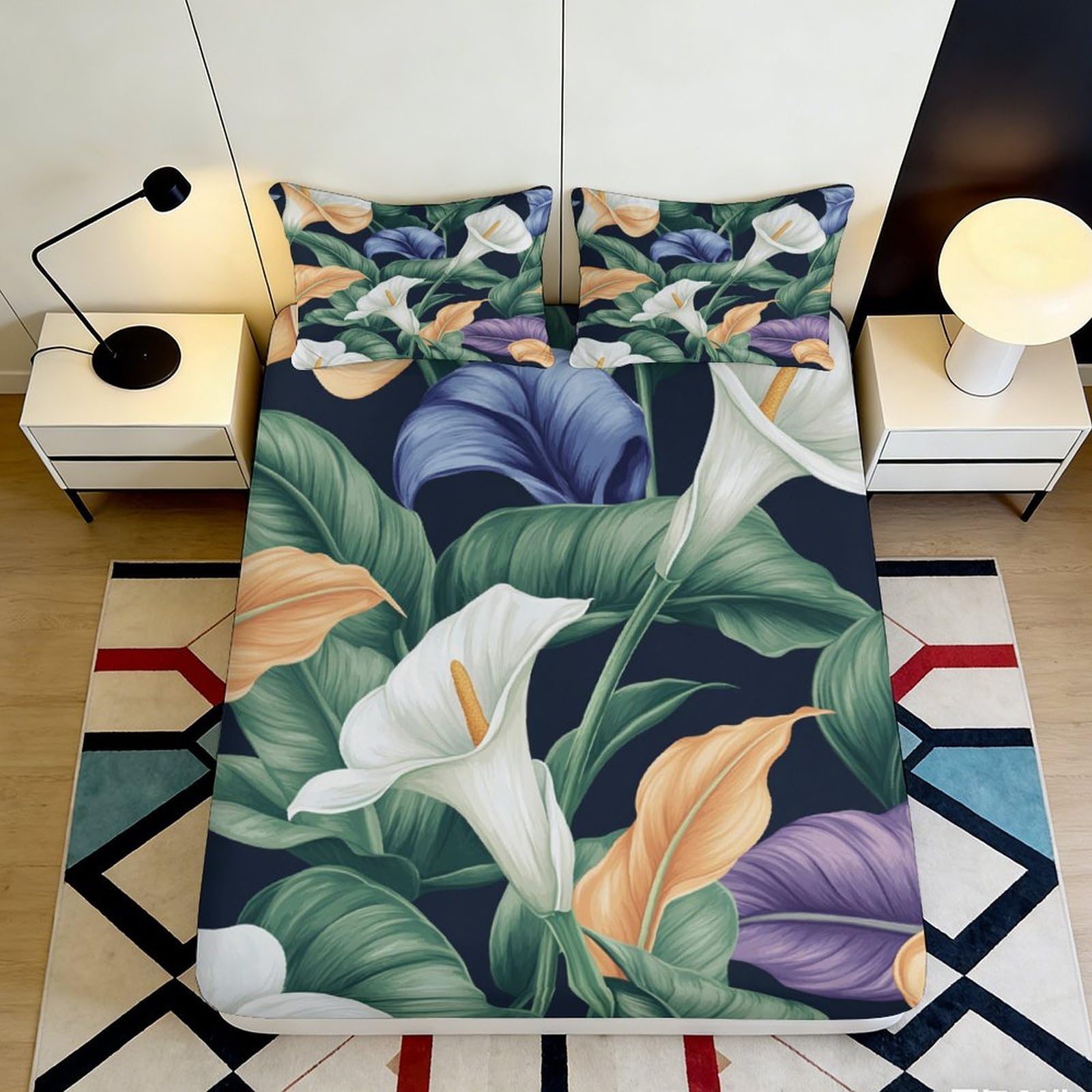 3D Printed Tropical Lily Fitted Sheet Microfiber Soft Floral Calla Mattress Cover for Bedroom Guest Room Decor 200x200x25cm
