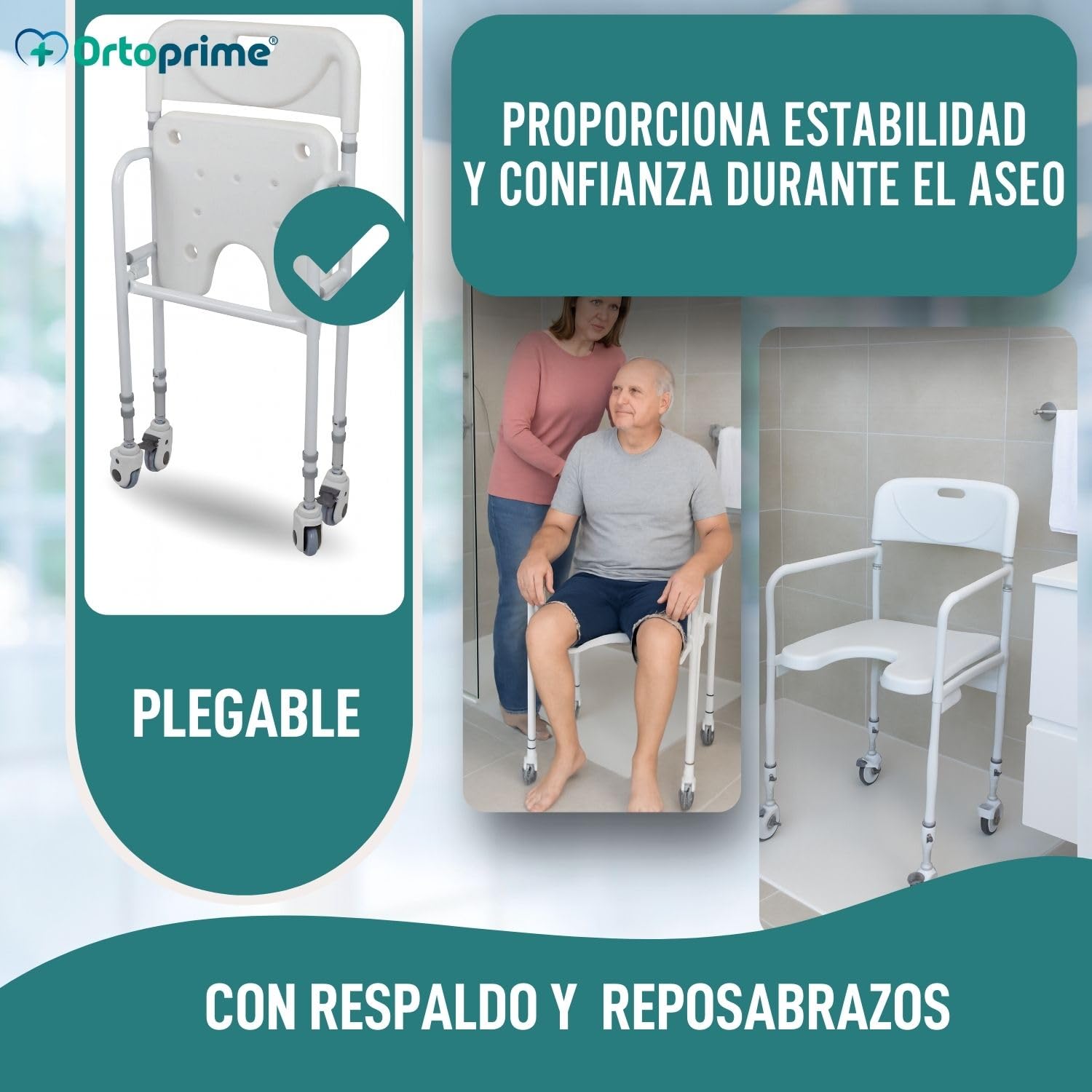 OrtoPrime Silla Ducha Personas Mayores Forma U con Ruedas Silla Baño Adultos Plegable - Silla Ducha Mayores Ortopédica - Silla de Baño Taburete Ducha para Mayores con Respaldo Altura Regulable