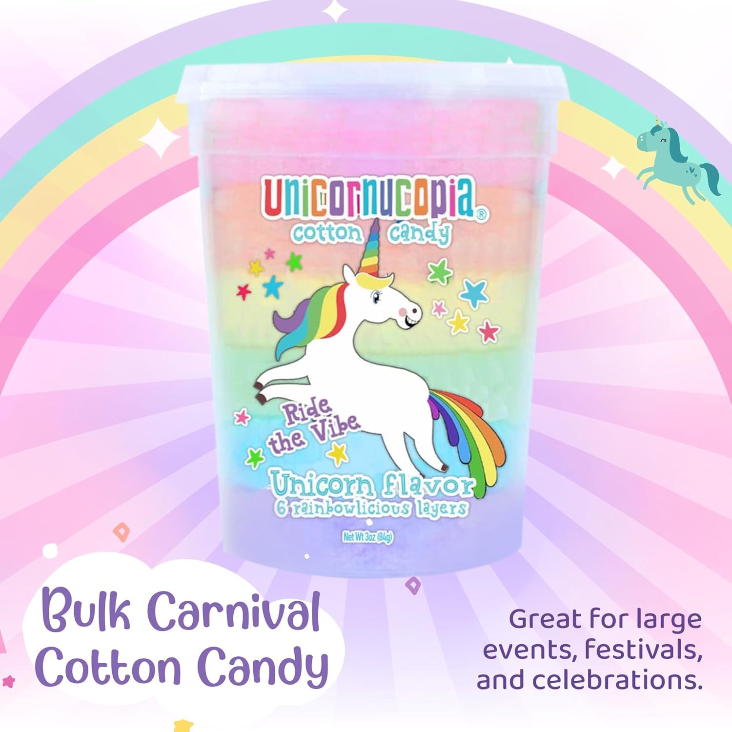 Unicornucopia Cotton Candy - 3 Pack - 6 Flavor Rainbow Cotton Candy - Unicorn Birthday Party Favors Candy for Party Bags - Individual Cotton Candy Favors Rainbow Party Goodie Bag Bulk Party Favor for Kids Birthday