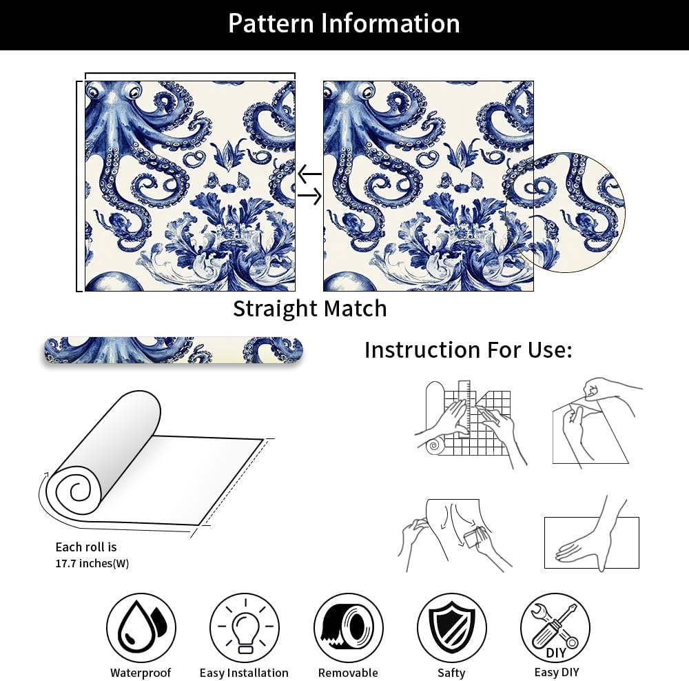 18"x236" Ornate Whimsical Blue White Octopus Leaf Peel and Stick Wallpaper Easy Peel Off Contact Paper Vintage Vinyl Self Adhesive Removable Stick on Wall Paper for Kitchen Cabinet Renter Friendly