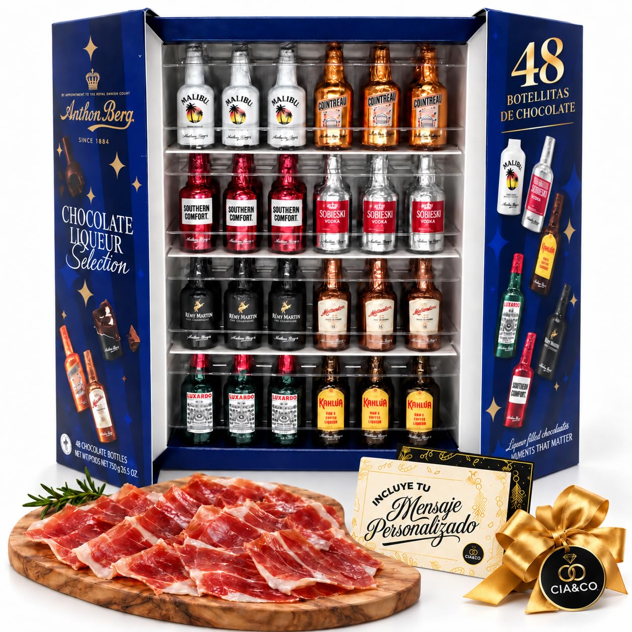 Cia&Co x Anthon Berg + Jamón Serrano - Botellitas de Chocolate Rellenas de Licor · 64 Bombones con Licor - 1 Kg + Degustación de Jamón Serrano Premium Gran Reserva + Tarjeta Personalizada