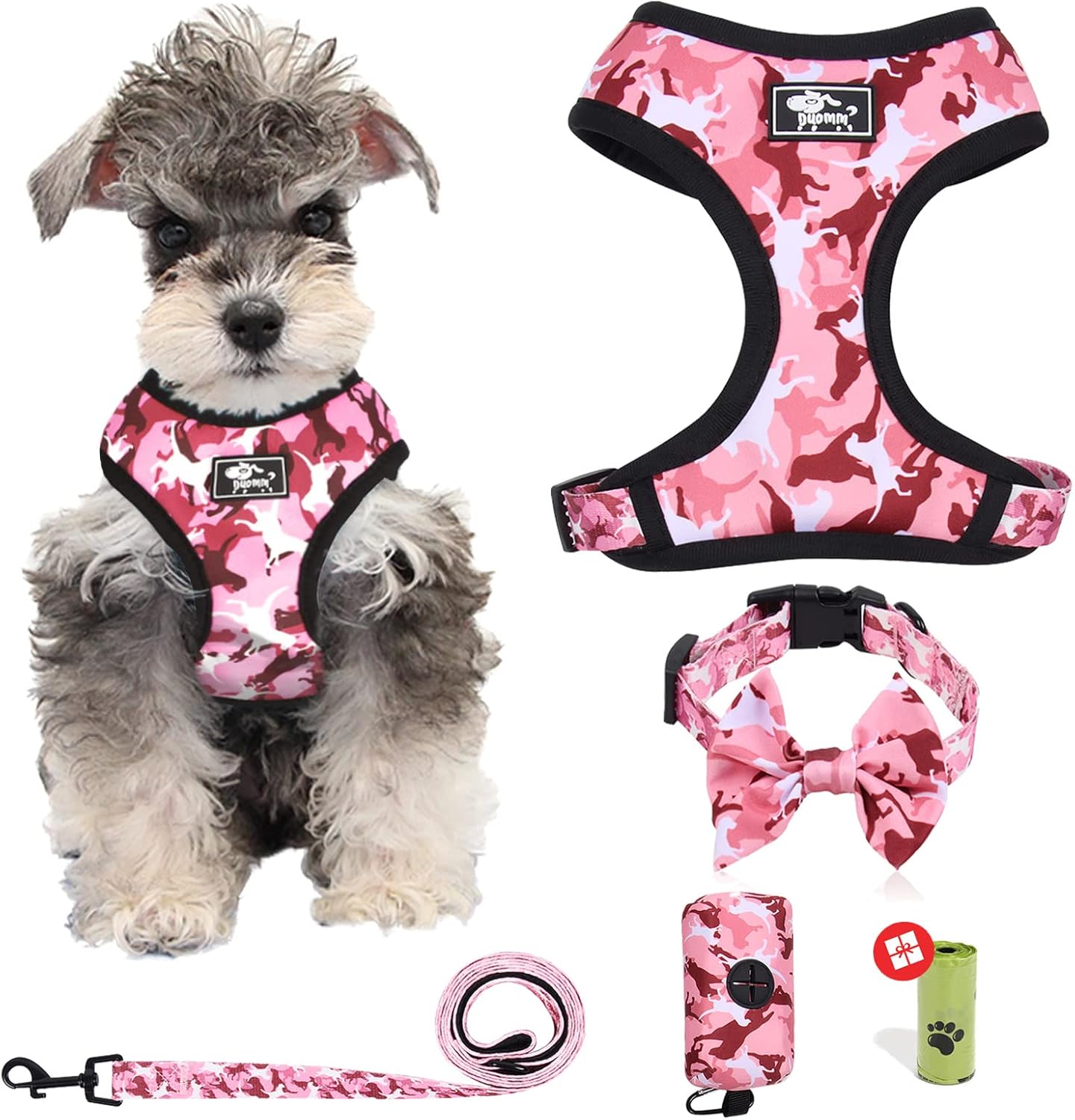 Dog Harness and Leash Set for Small Dogs, Adjustable Reflective No Pull Dog Vest Harness for Puppy with Bow-tie Collar, Leash and Poop Bag (L, Pink Camouflage)